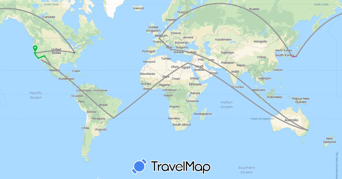 TravelMap itinerary: driving, bus, plane, train in Australia, Brazil, Egypt, France, Italy, Japan, Mexico, Saudi Arabia, United States (Africa, Asia, Europe, North America, Oceania, South America)